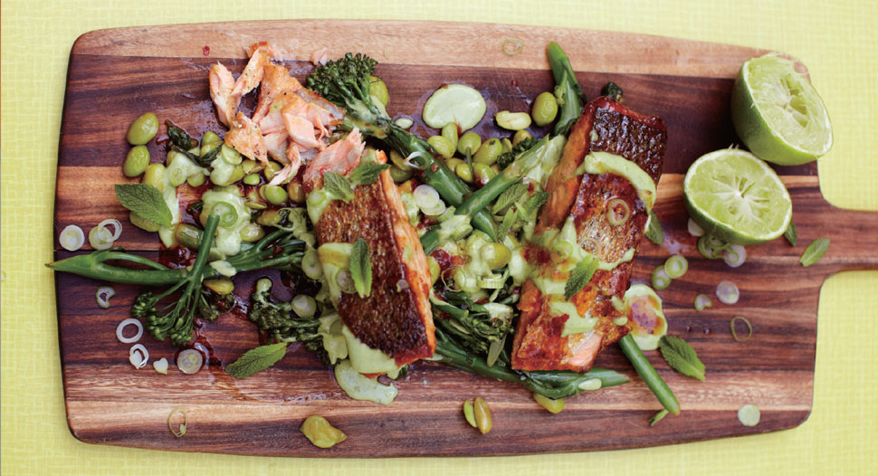 Jamie Oliver - Sticky Salmon with Super Greens & Green Goddess Dressing