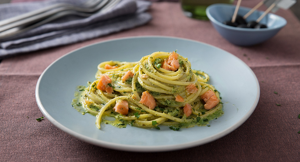 Spaghetti with Salmon and Pesto Genovese
