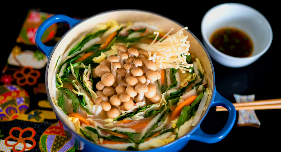 Japanese hotpot with soy sauce and chopsticks on the side