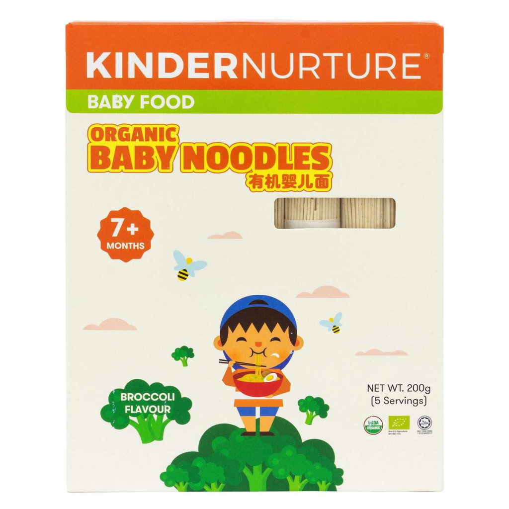 Box of broccoli-flavoured organic baby noodles