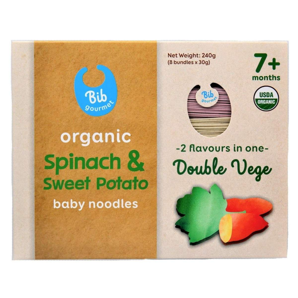 Box of Bib Organic's organic spinach and sweet potato baby noodles