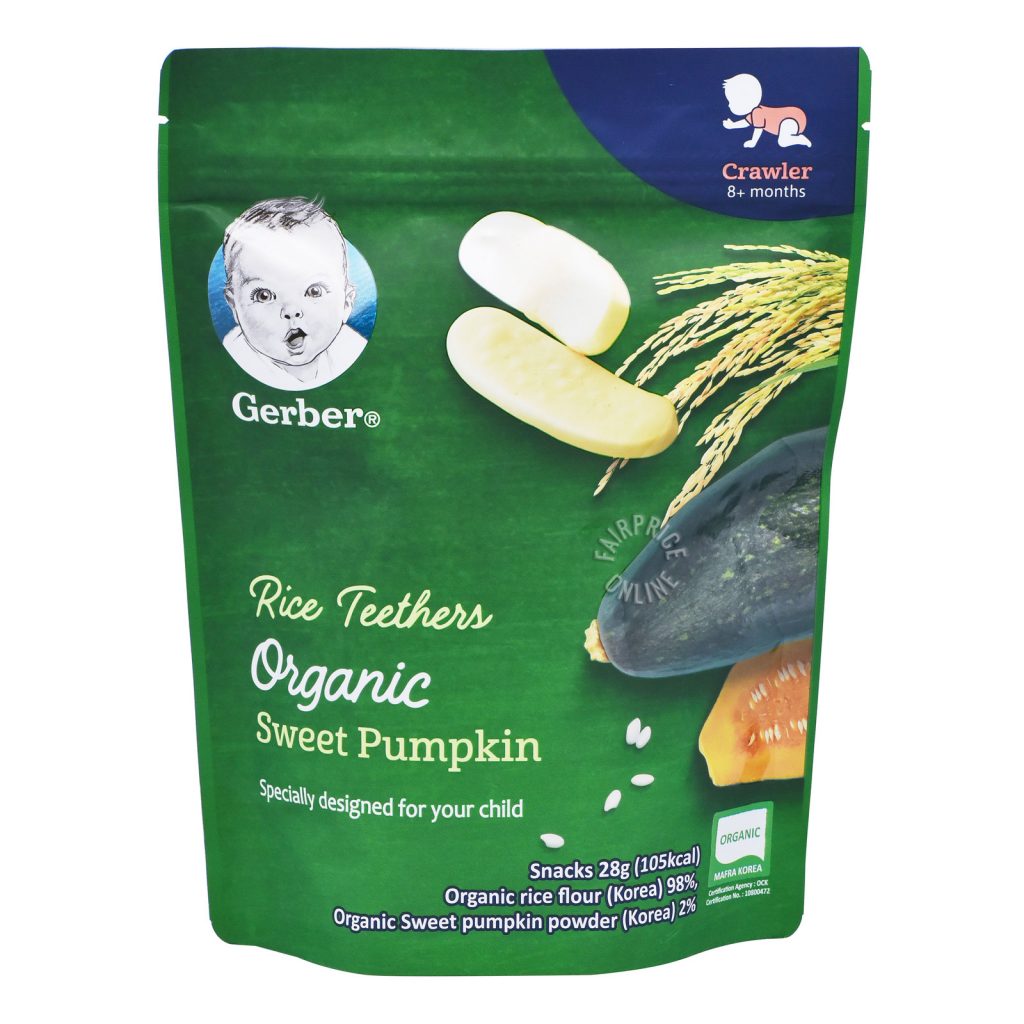 Green packet of organic sweet pumpkin teething biscuits for babies