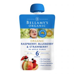 Blue packet of baby fruit puree