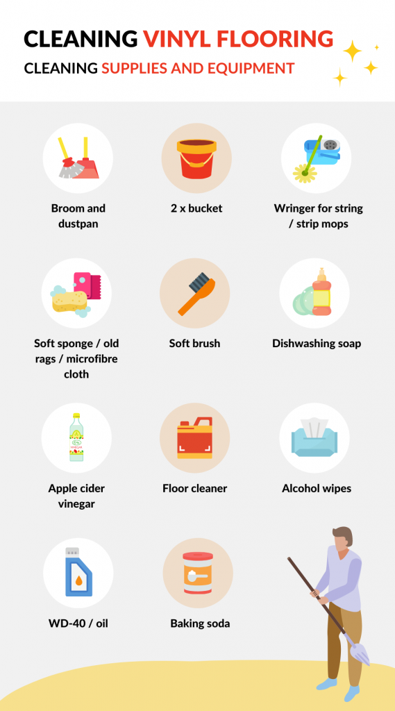 Cleaning equipment and supplies needed to clean vinyl flooring