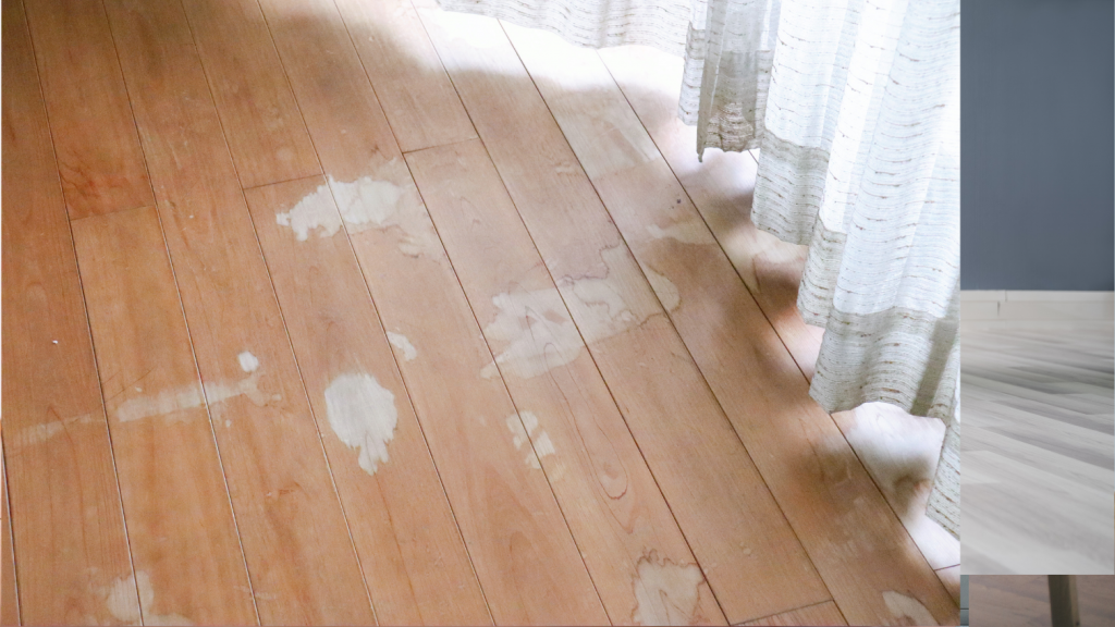 Light wooden floor with various white stains