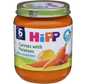 Carrots with potatoes baby food puree in a jar