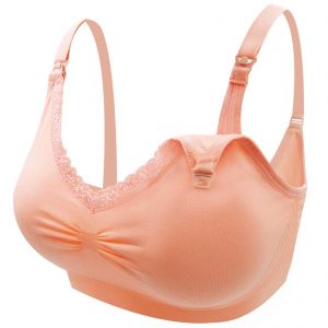 Peach-coloured maternity bra with lace trimming