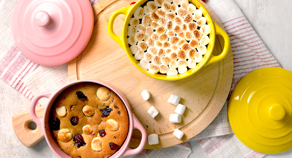 deep dish chocolate chip cookie topped with toasted marshmallows
