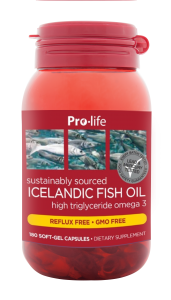 Red bottle of Pro-life Icelandic Fish Oil capsules