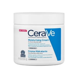 White and blue plastic tub of CeraVe moisturising cream