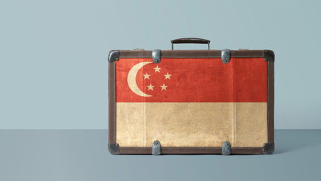 The Singapore flag on the face of an old vintage leather suitcase