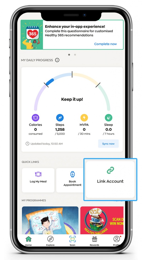 phone-How-to-link-Healthy-365-and-FPG-apps-step1-v4 How to link my FairPrice Group and Healthy 365 app accounts - Step 1 - In the Healthy 365 app homepage, select 'Link Account' (under Quick Links)