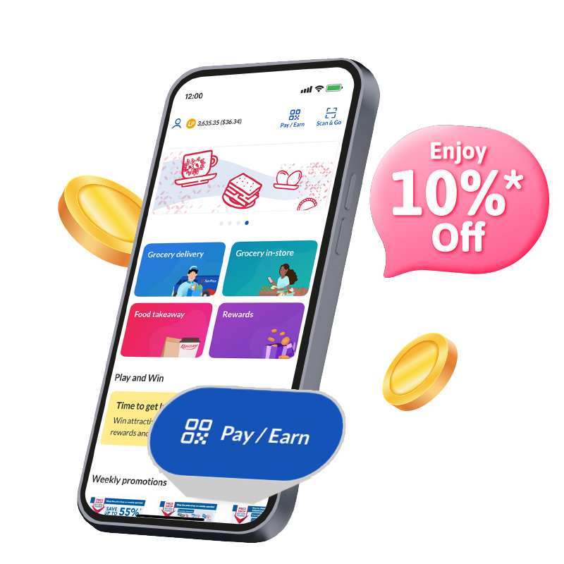 Save 10% when you pay via the FairPrice Group app at Kopitiam
