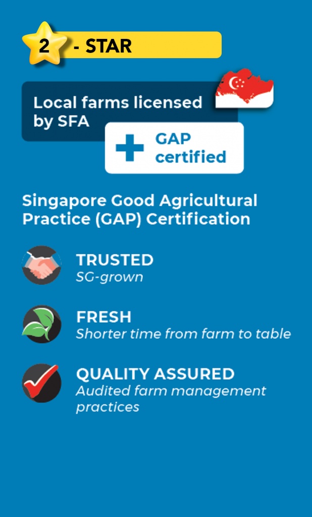 stars-2 2 stars indicate that the produce is grown in a Good Agricultural Practice (GAP) certified farm which ensures quality assurance for consumers, in addition to its local origins.