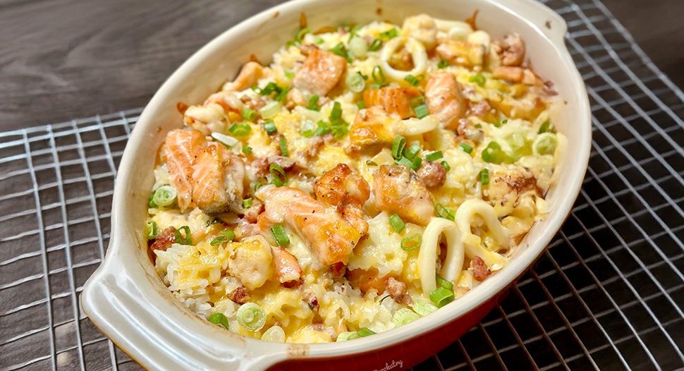 Salmon Seafood Baked Rice Recipe on FairPrice Group app