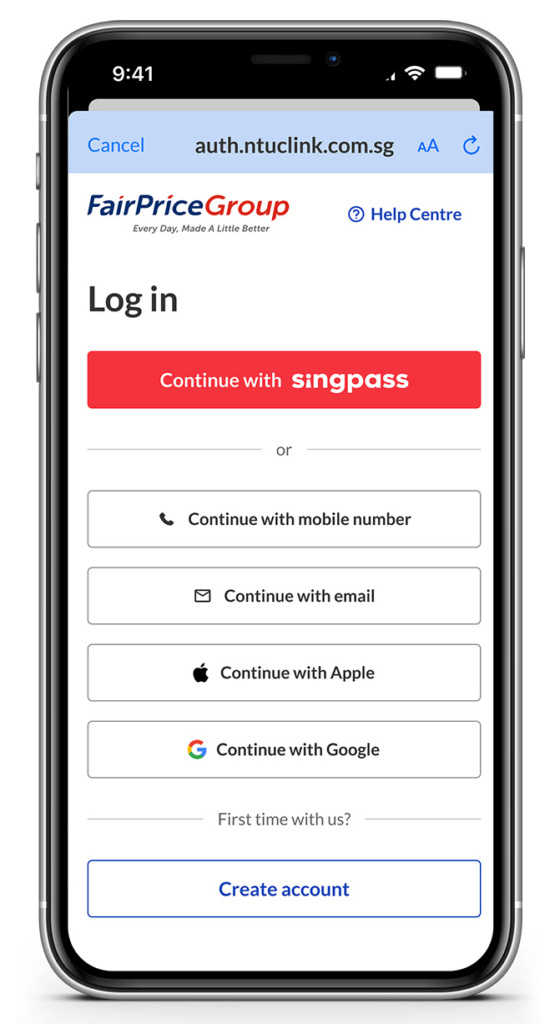 phone-How-to-link-Healthy-365-and-FPG-apps-Step5-Nov2025 How to link my FairPrice Group and Healthy 365 app accounts - Step 5 - Log in with your FairPrice Group app account credentials to link both accounts