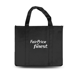 Finest-wine-bag A black tote bag with the FairPrice Finest logo printed on it